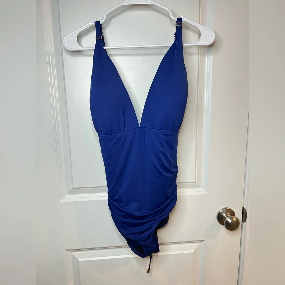 Navy Corset Lace Up Slimming 1-Piece Swimsuit Sz 14 Preowned